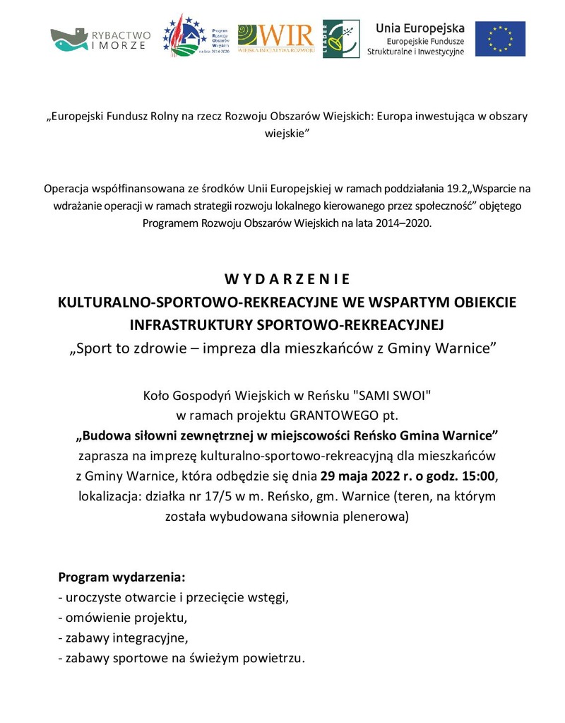 plakat - zaproszenie na imprezę w Reńsku w dniu 29 maja 2022